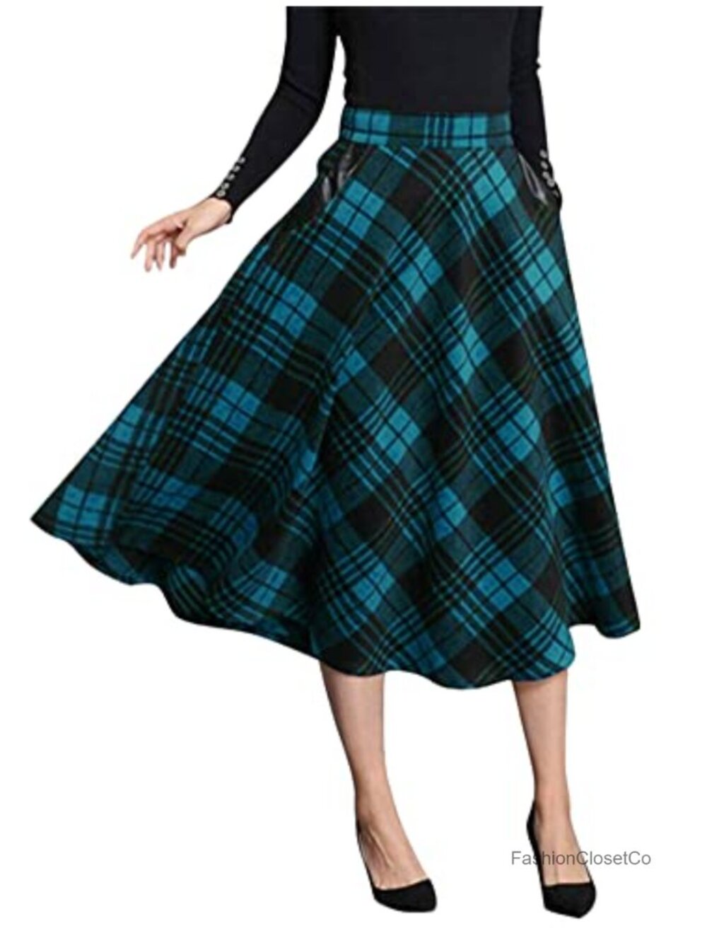 Womens Plaid Wool A-Line Pleated Tartan Long Maxi Skirt Elastic High Waist